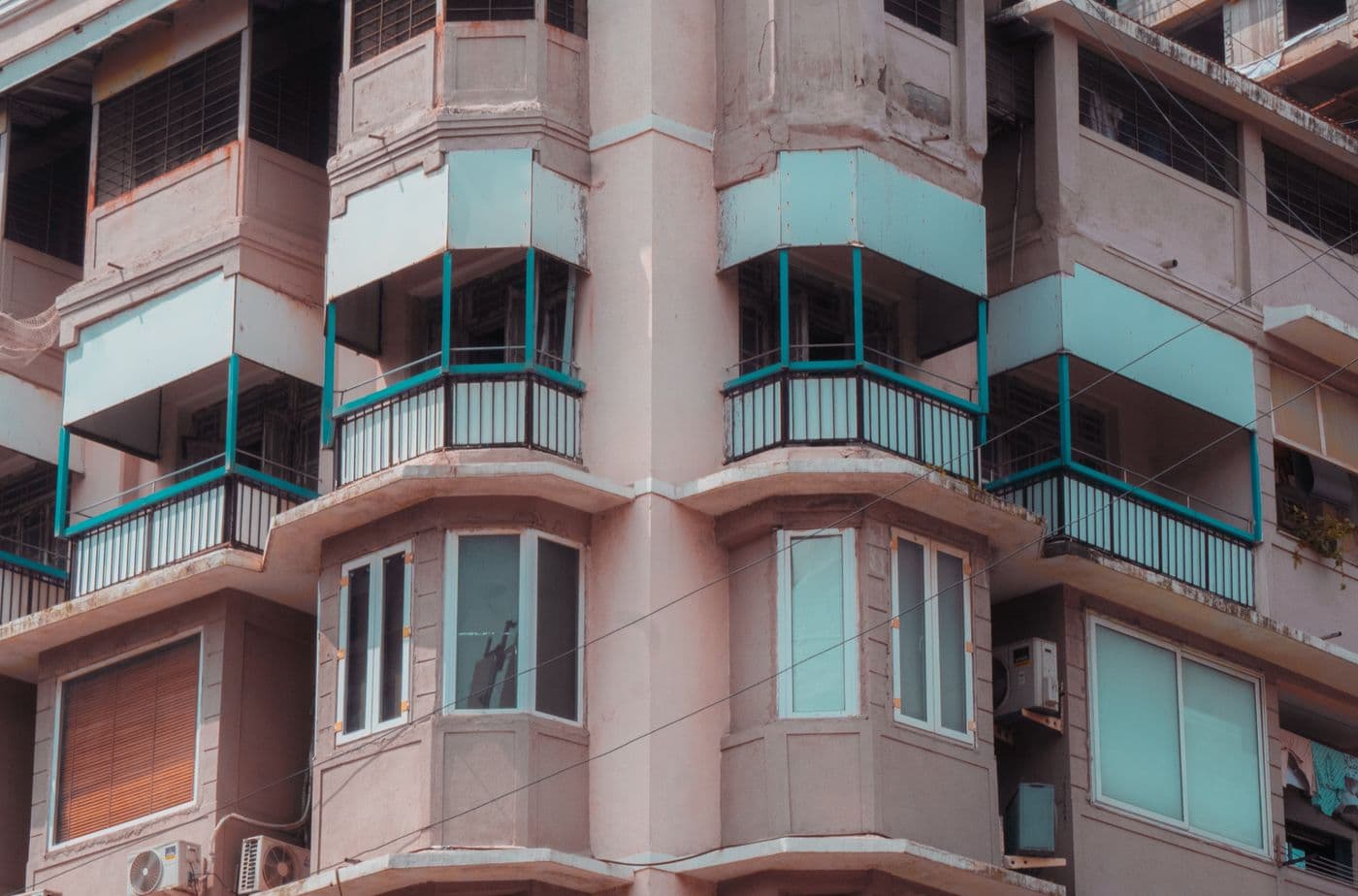 Residential apartment building with balconies in the Athwa area of Surat